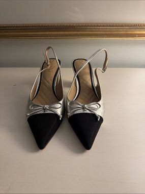 Sam Edelman Two-Tone Pointed Slingback Pumps in Silver and Black
